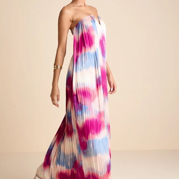 Lulus Celandine Multi Abstract Pleated Strapless Swing Maxi Dress Other - Size M - Picture 1 of 5